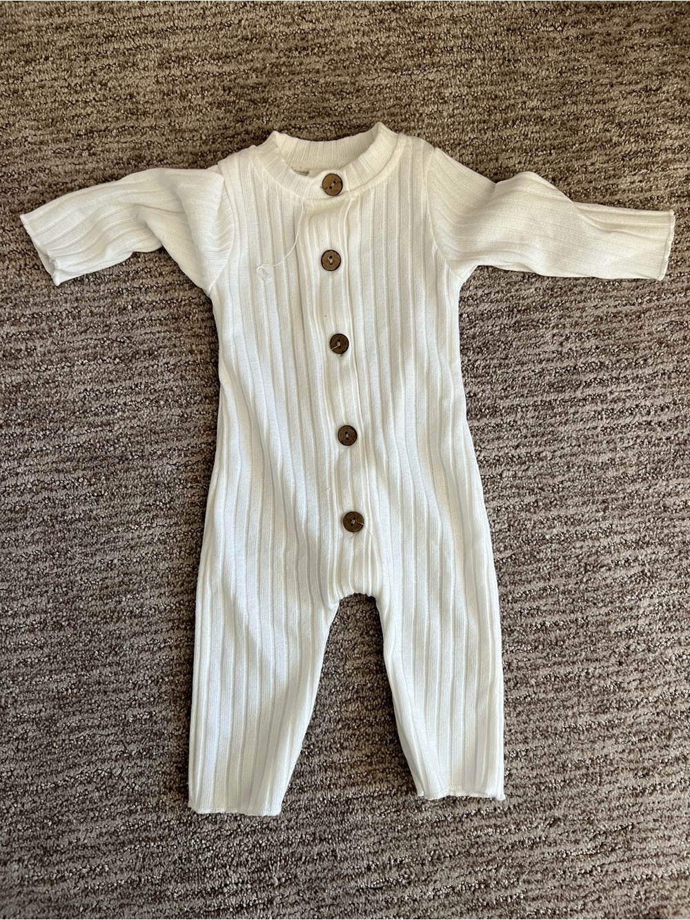 Source Unknown Ivory Ribbed Knit Baby One-Piece with Wooden Buttons